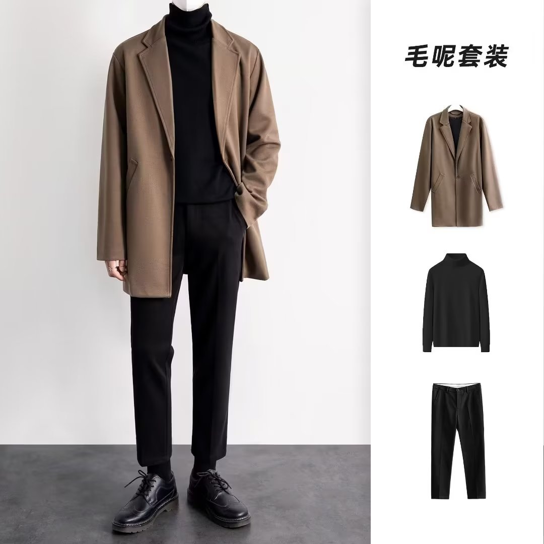 冬季毛呢大衣男复古棕色厚款风衣时尚韩版中长款外套保暖套装西装