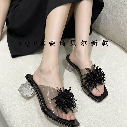 森琦贝尔夏2026新款262-616J透明一脚蹬拖鞋女外穿粗跟气质高跟鞋