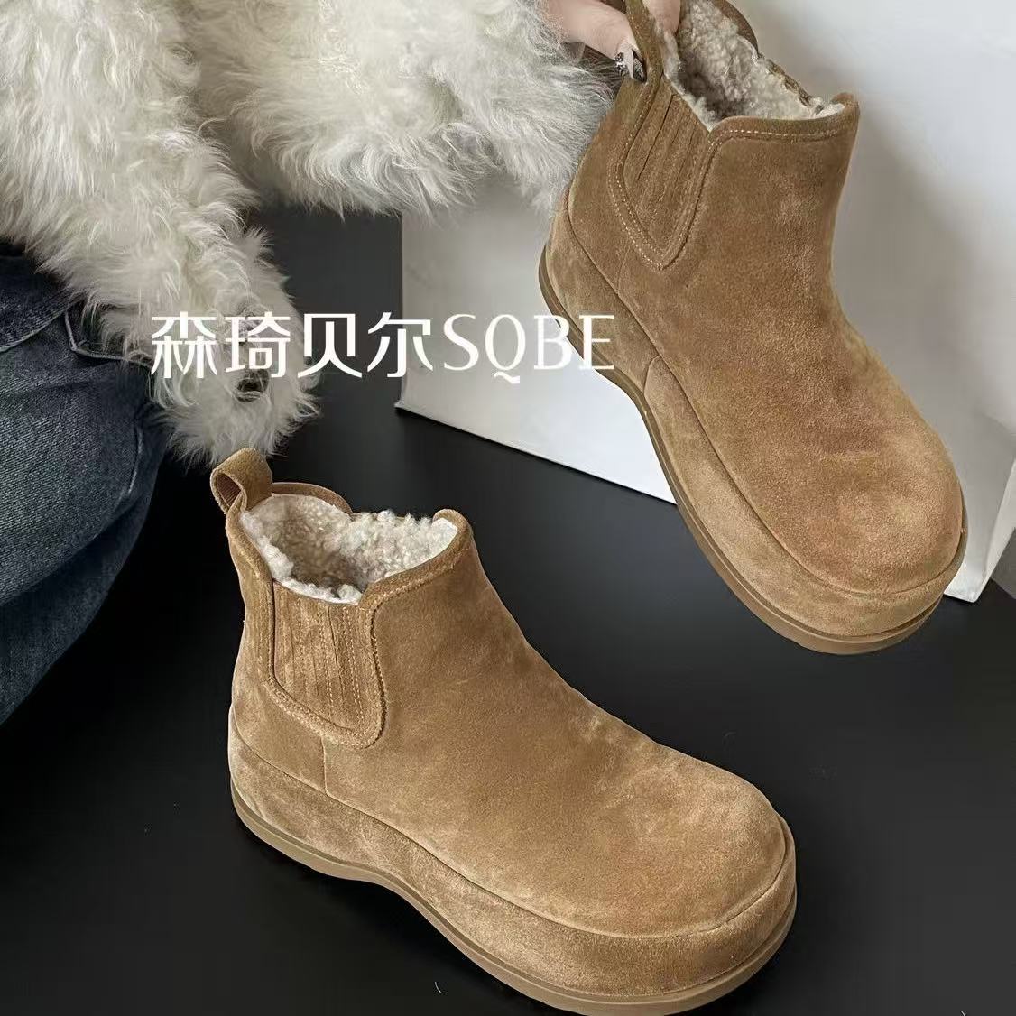 森琦贝尔2101MR羊毛内里2025冬季真皮厚底勃肯鞋反绒皮高帮休闲鞋