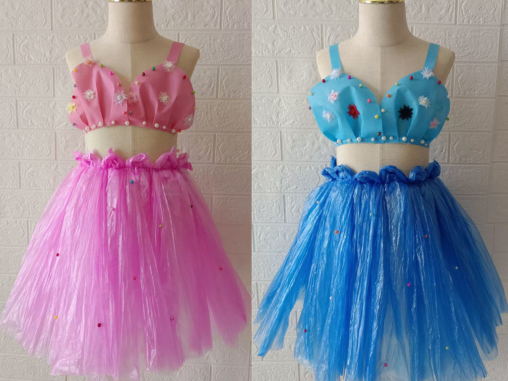 海洋世界环保演出服美人鱼比基尼塑料袋泳衣女童亲子走秀环保衣服