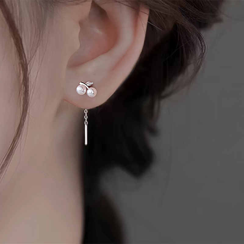 s925银珍珠樱桃耳线女轻奢小众短款流苏耳链气质2025新款简约耳饰