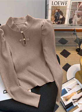 春秋新款盘扣中国风泡泡袖打底衫女德绒长袖时尚内搭休闲风上衣女