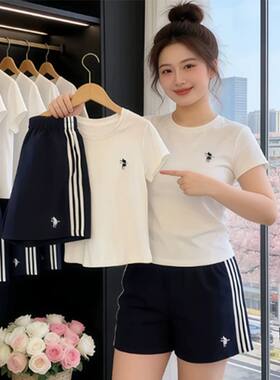 夏季休闲运动套装女条纹袖短裤大码宽松两件套家居服美式普通穿搭