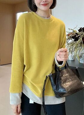 大码女装休闲假两件双面德绒长袖t恤秋冬胖mm宽松保暖内搭打底衫