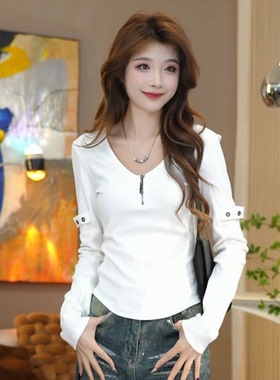 秋冬新款德绒打底衫女半拉链设计T恤长袖内搭保暖上衣多巴胺显瘦