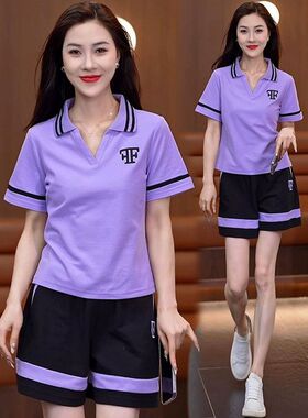 运动套装女休闲夏季新款短袖短裤时尚宽松显瘦洋气POLO领两件套
