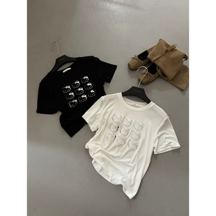 银色kitty圆领套头印花短袖 韩版 T恤女百搭休闲慵懒上衣 夏季 小雯