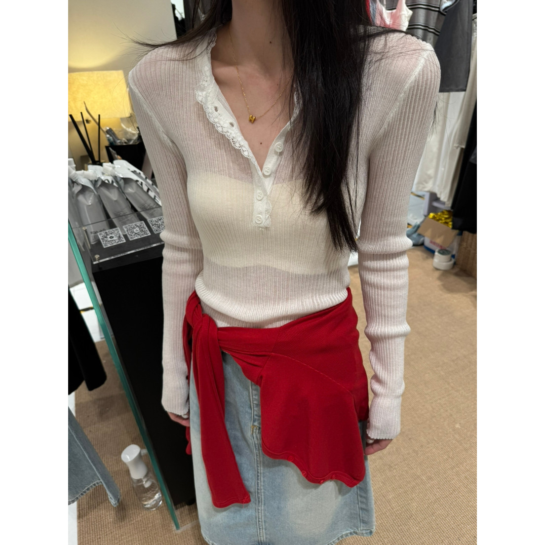 TOKO.Z春款韩版蕾丝拼接半纽扣修身长袖针织衫女百搭坑条套头上衣