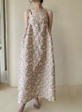 EMo原创小众设计提花花苞裙露背长裙2024夏季法式吊带连衣裙女