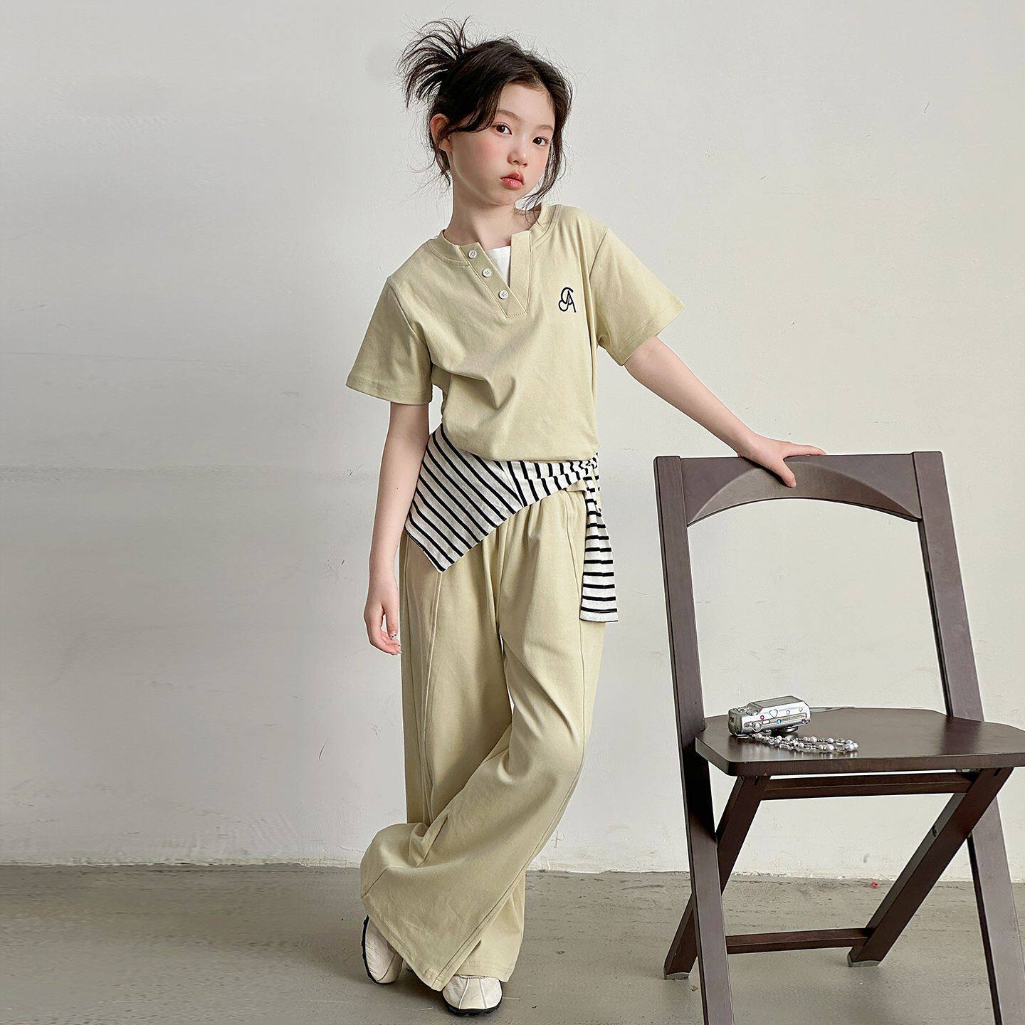 休闲条纹披肩套装女童2026夏套装