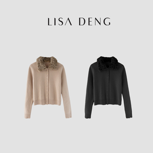 LISADENG“上东区老钱”小湖羊毛领拼接设计羊毛针织开衫毛衣