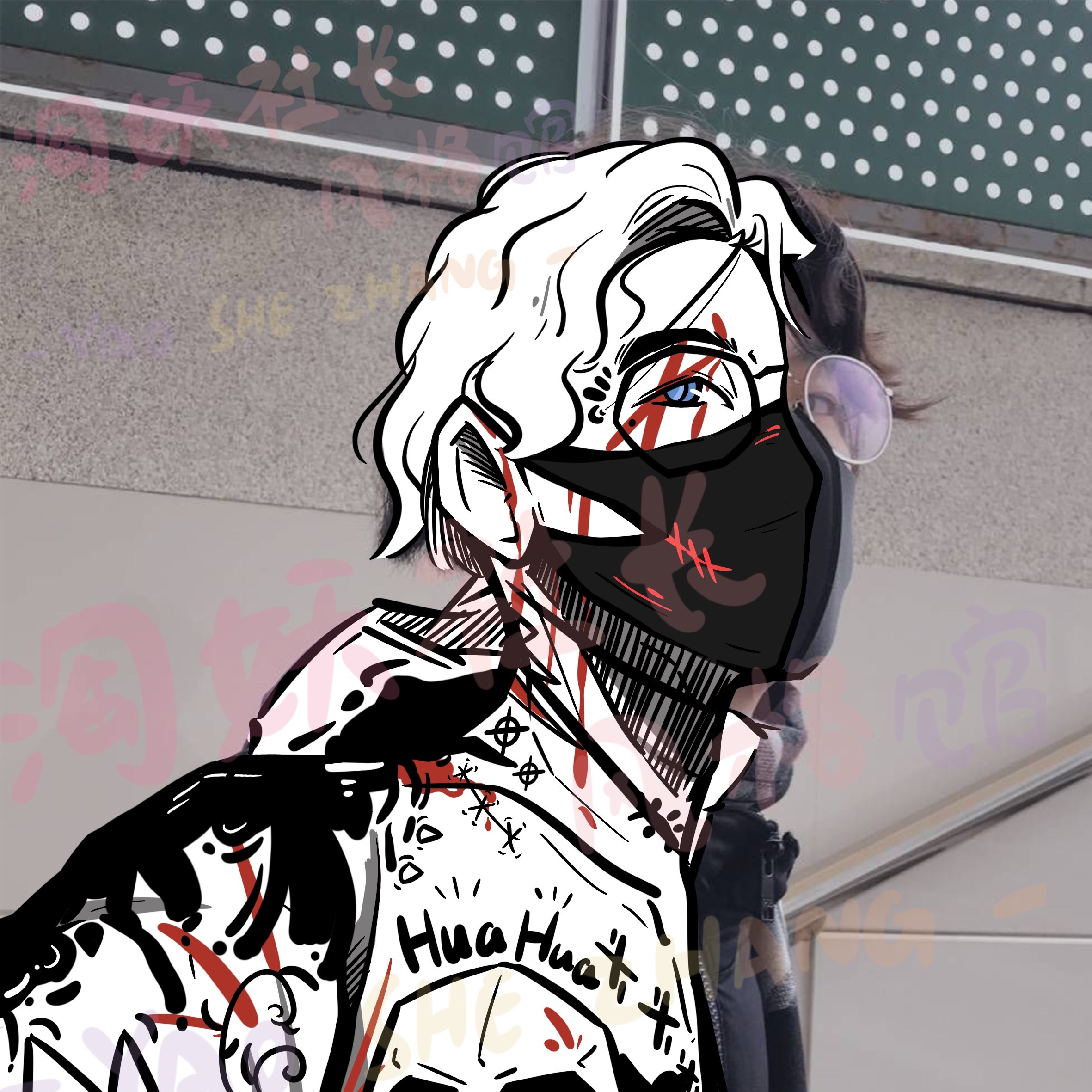 原创半脸暗黑潮酷半彩黑白恶搞欧美头像趣味卡通漫画毕业照片手绘