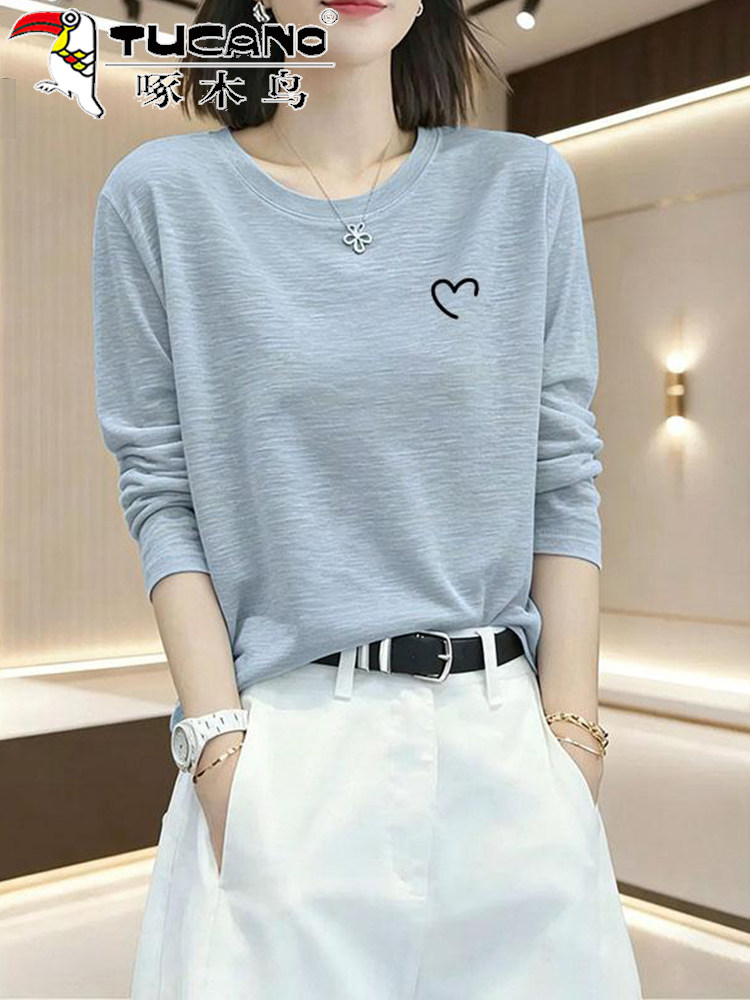 Woodpecker Genuine Minimalist Long-Sleeve T-Shirt Women's Printed Crew Neck Top 2026 Autumn New Bamboo Cotton