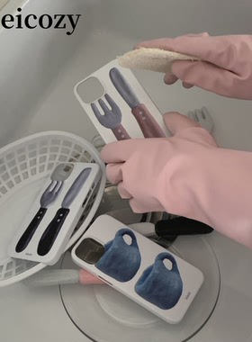 Leicozy/inimini韩国小众粉色刀叉蓝杯黑刀叉白底硬壳透明壳手机壳拍下不退不换考虑好拍