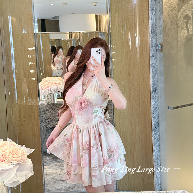 胖婷大码定制胖mm「玉夏冰瑰」度假风辣妹印花挂脖收腰裙子短裙夏