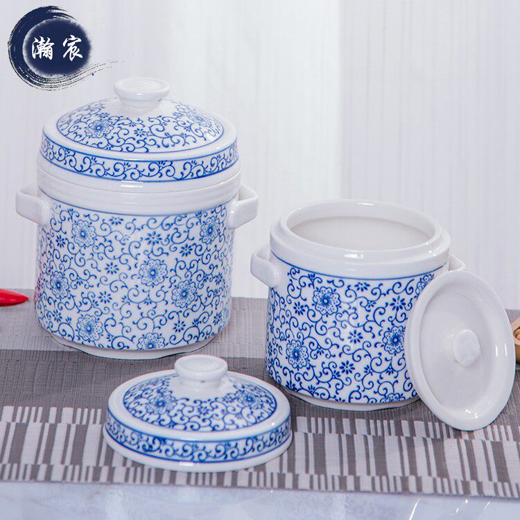 双盖陶瓷隔水炖盅家用炖燕窝盅双耳釉下彩汤盅青花瓷炖盅带盖中式