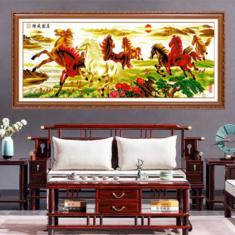 带框架已装裱纯手工绣好的十字绣成品马到成功八骏图大幅中式挂画