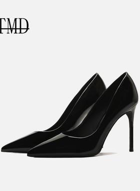 TMD高跟鞋女细跟2022年新款ol工作鞋软皮尖头职业黑色漆皮单鞋