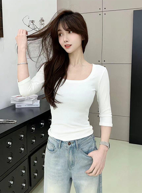 卡卡女装韩版修身大U领中袖T恤圆领螺纹百搭半袖显瘦打底衫上衣服
