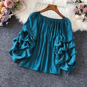 一字肩雪纺衫 春季 灯笼袖 韩版 设计感小众漏锁骨性感上衣潮 流行女装