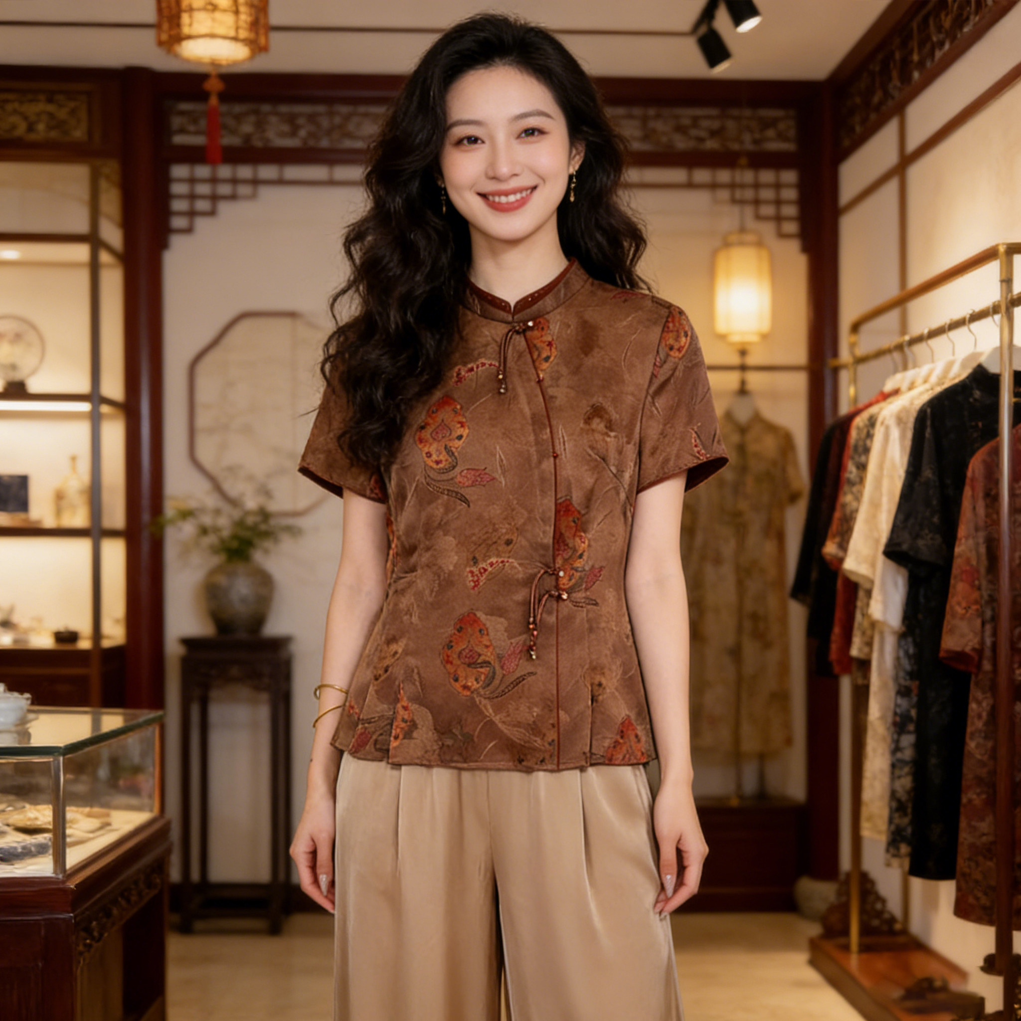 香薇姿新中式真丝香云纱上衣女短袖立领盘扣高级感国风桑蚕丝小衫