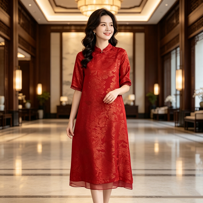 红色真丝连衣裙女夏新中式喜婆婆婚宴装2026复古桑蚕丝喜妈妈礼服