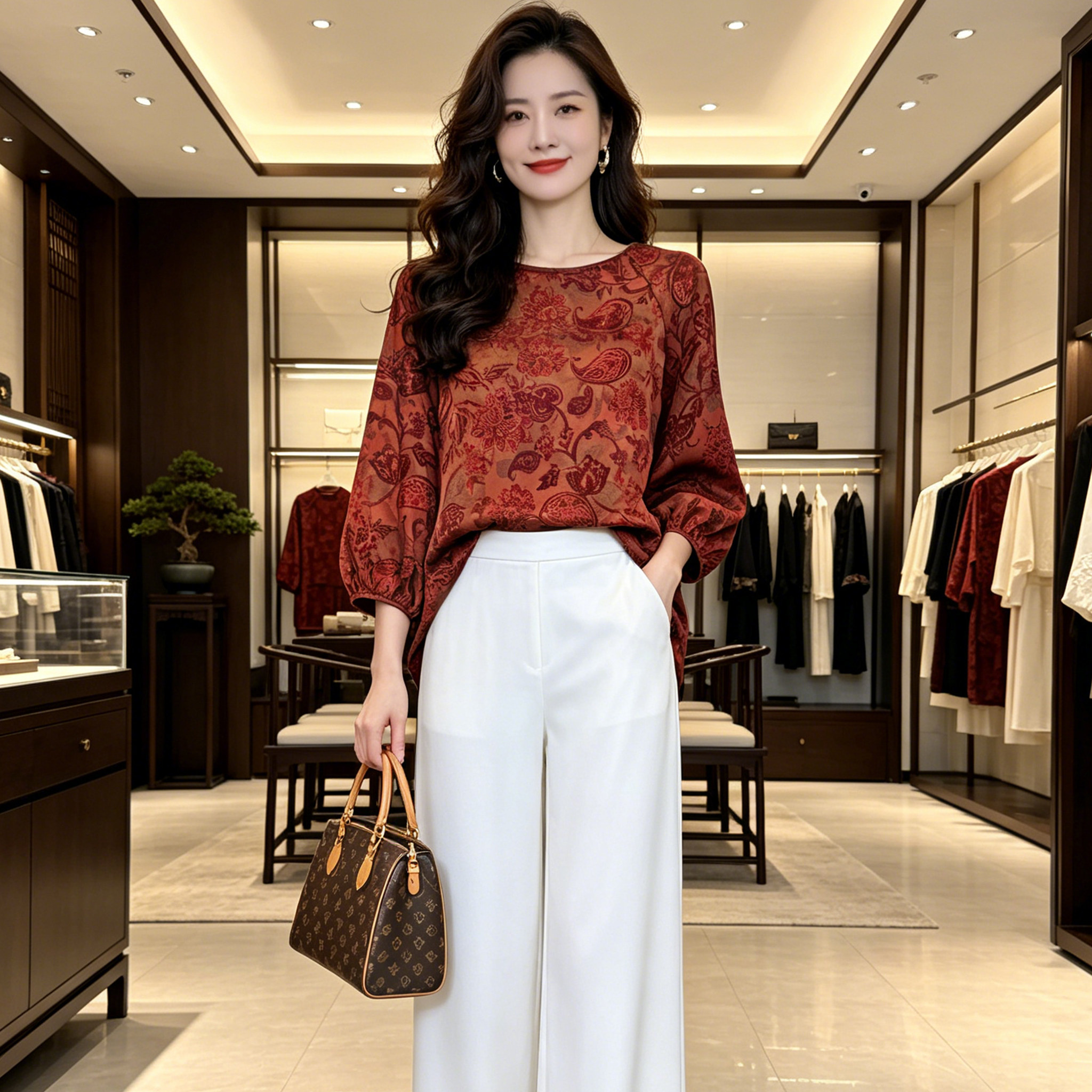 香薇姿中式真丝香云纱T恤女红色圆领气质显瘦百搭夏季桑蚕丝上衣