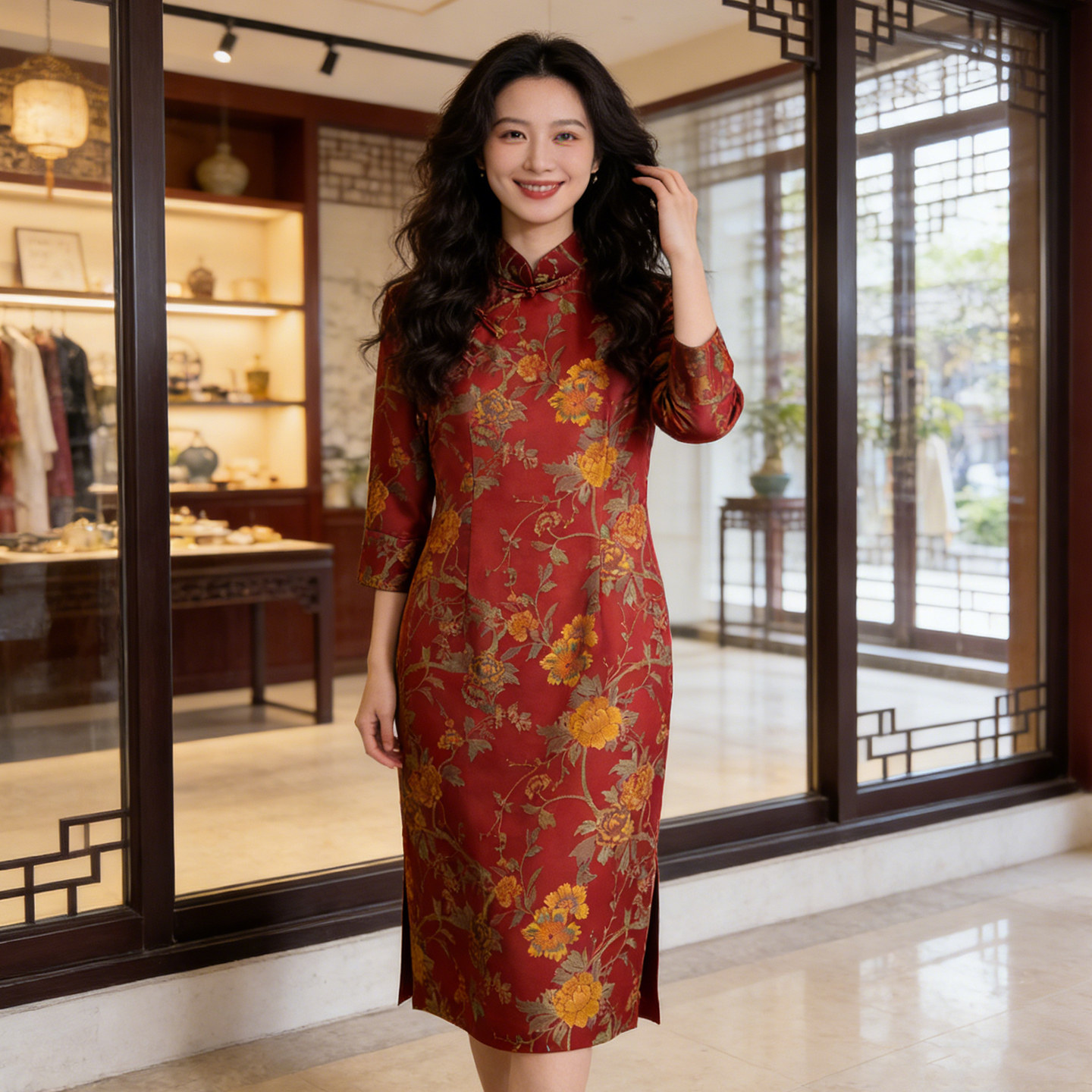 香云纱宋锦改良旗袍女红色显瘦高贵气质优雅新中式妈妈订婚婚宴装