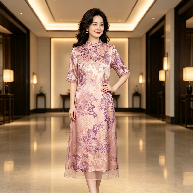 夏季重磅桑蚕丝连衣裙女夏2026新款今年流行碎花中式真丝妈妈裙子