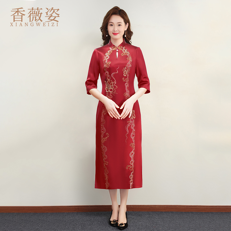 香薇姿修身长款中袖礼裙长款显瘦