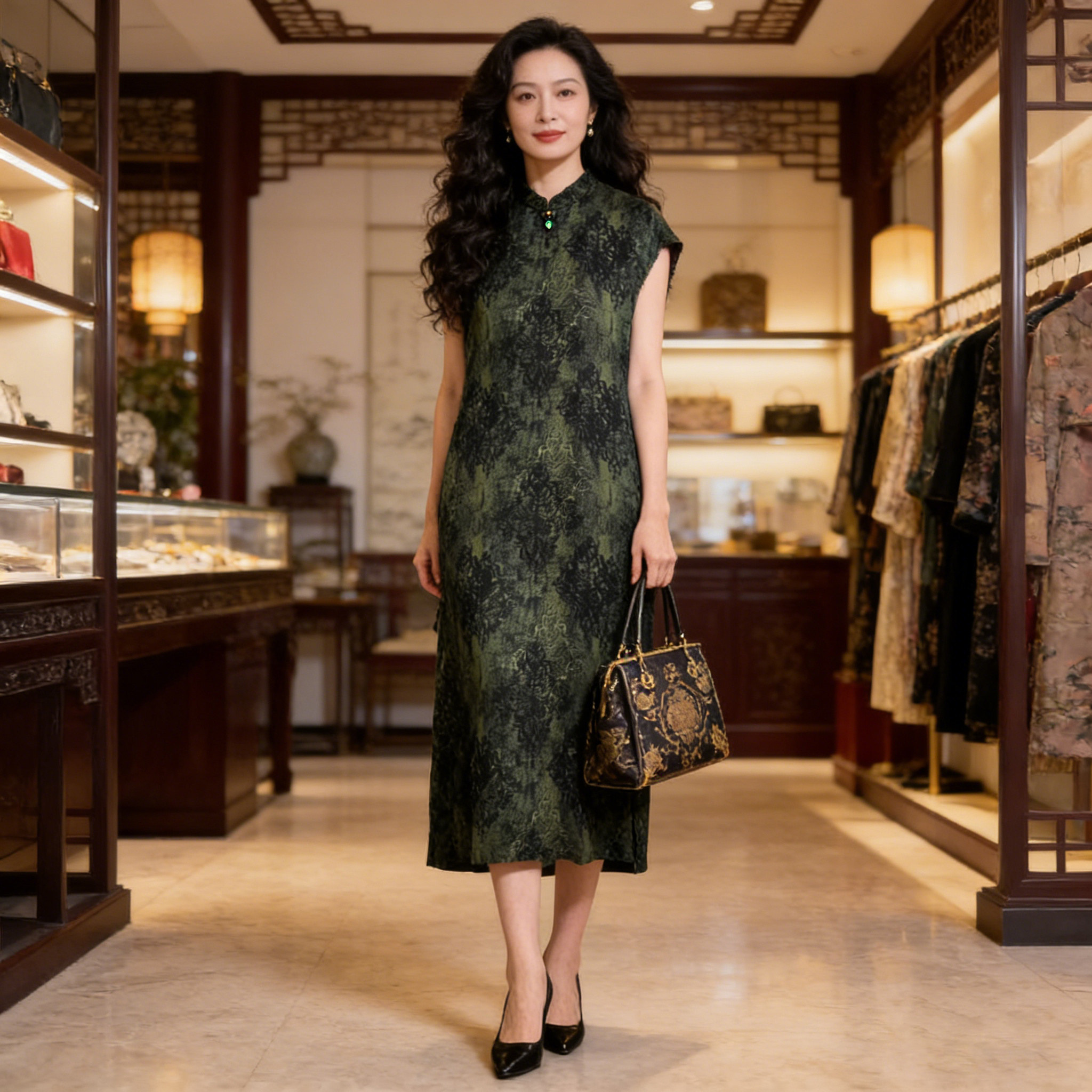 香薇姿新中式香云纱连衣裙女绿色无袖气质显瘦高端真丝桑蚕丝裙子