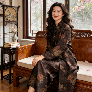 2026春季新款真丝香云纱风衣外套女早春新中式长袖印花中年妈妈装