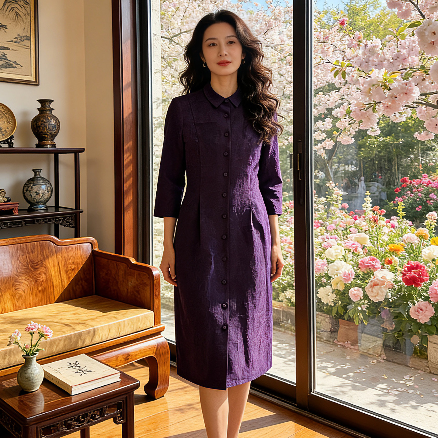 香云纱紫色女装翻领七分袖单排扣中长款风衣女气质通勤衬衫连衣裙
