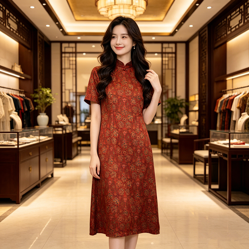 夏季新中式真丝旗袍连衣裙女红色短袖喜妈妈婚宴装喜婆婆订婚礼服