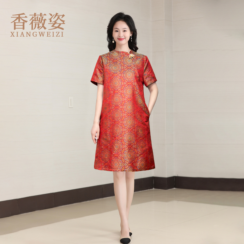 宋锦桑蚕丝连衣裙女喜婆婆婚宴装2025新款夏季小个子妈妈婚宴礼服
