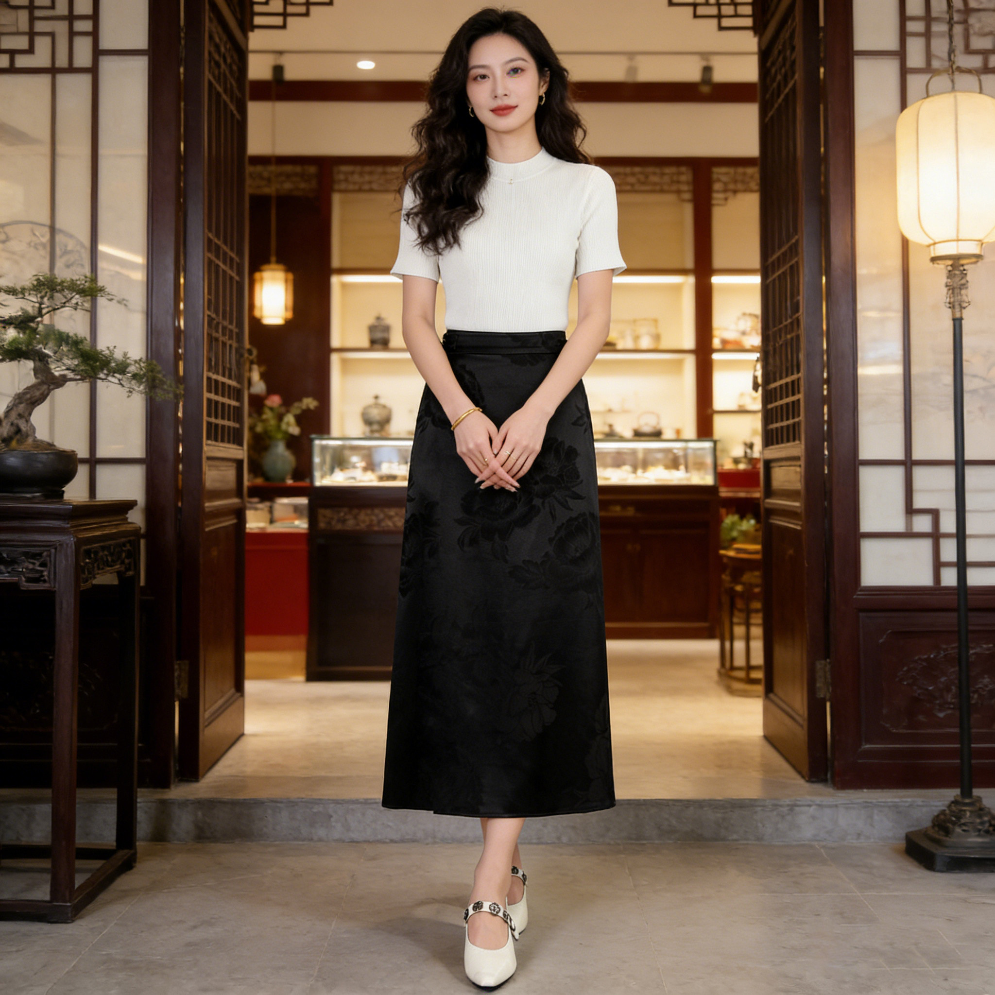 夏季真丝桑蚕丝新中式黑色半身裙女中长款直筒裙高级感气质包裙夏