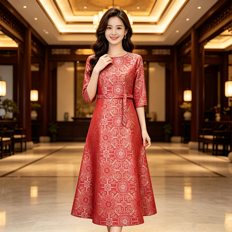 香薇姿红色婚宴装礼服100%桑蚕丝图片