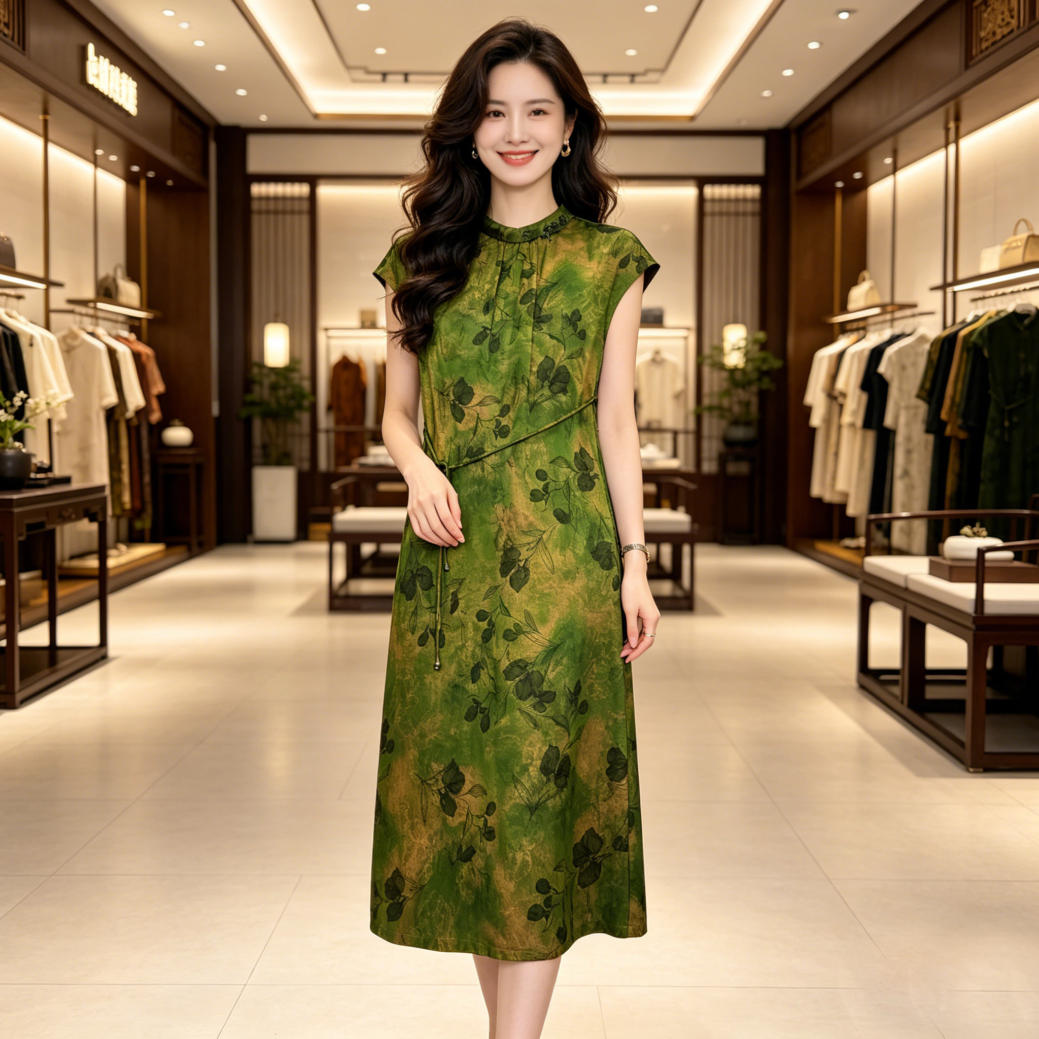 香薇姿真丝香云纱连衣裙女夏优雅气质印花立领收腰中长裙显瘦裙子