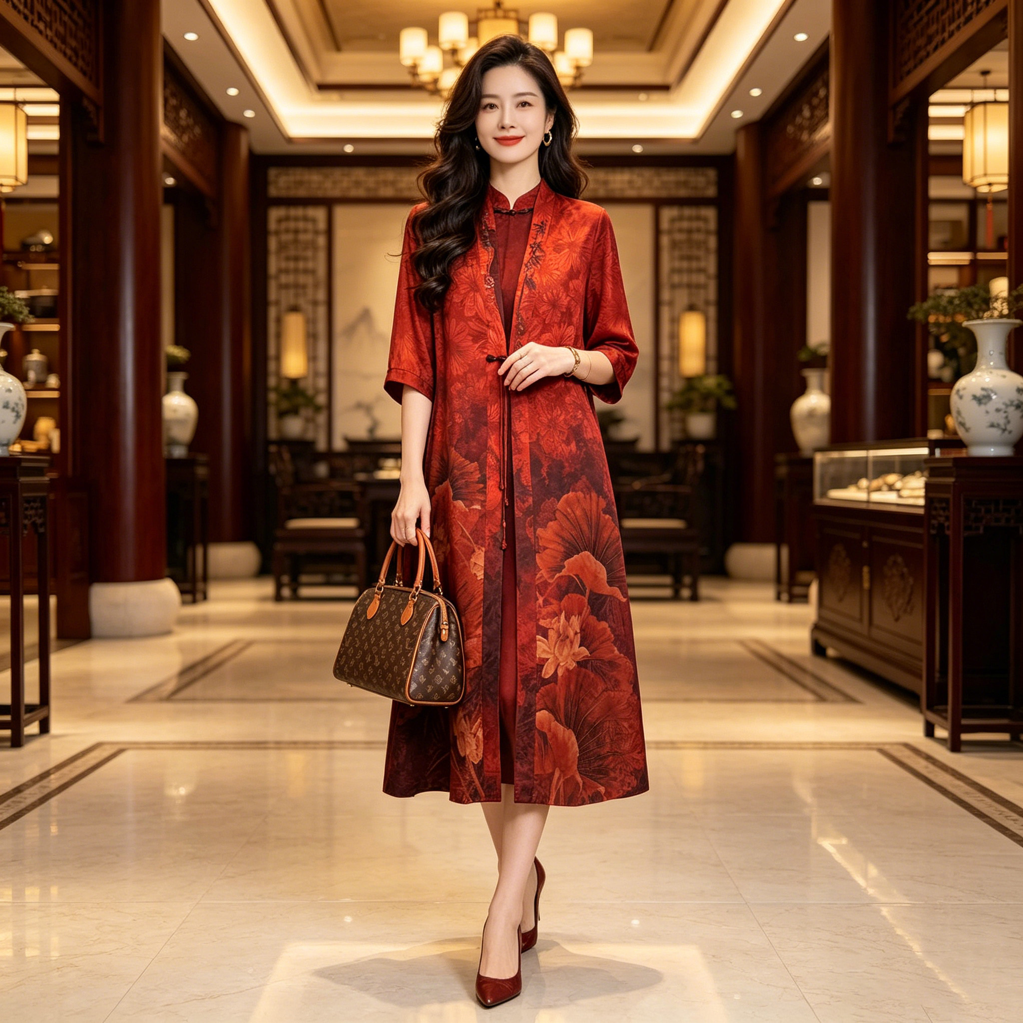 新中式真丝香云纱红色连衣裙外搭图片