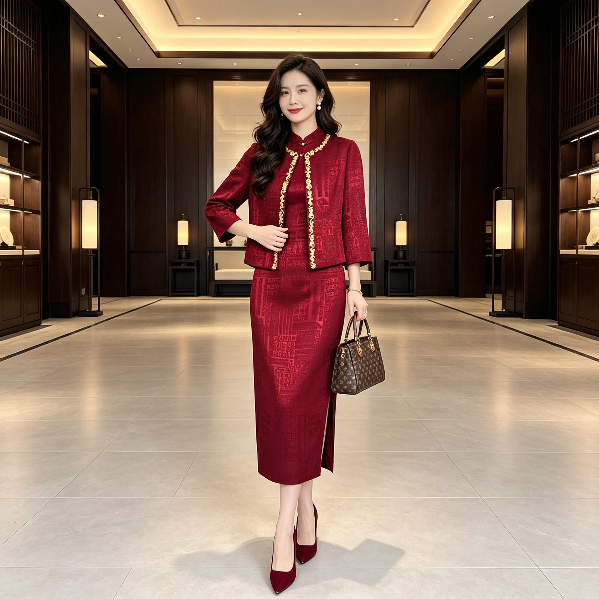 秋季新中式立领套装婚宴婆婆礼服