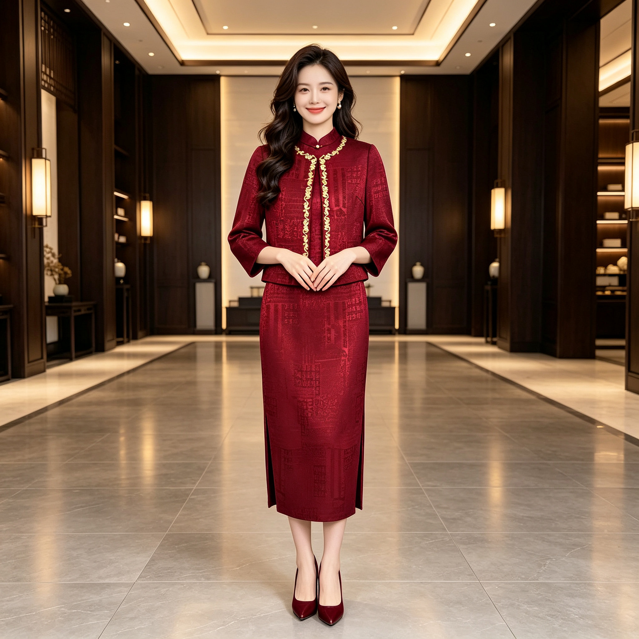秋季新中式立领套装婚宴婆婆礼服