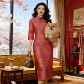 高端喜婆婆婚宴装 宋锦红色旗袍女中长款 妈妈婚宴礼服平时可穿春季