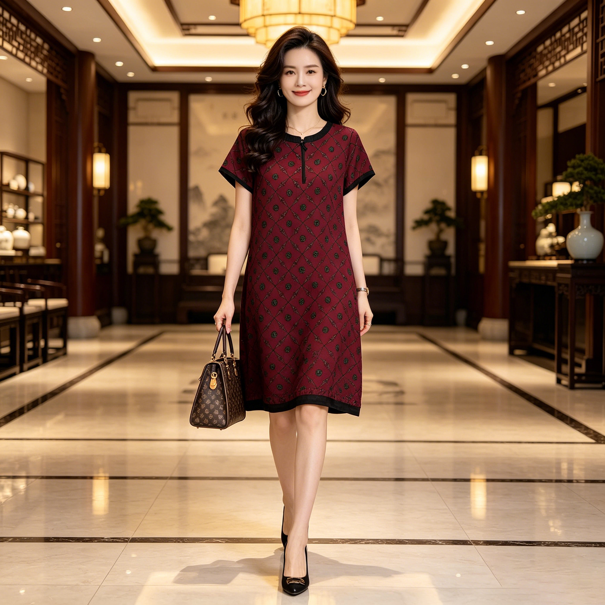 香薇姿新中式真丝香云纱连衣裙女夏季新款高端气质小个子短袖裙子