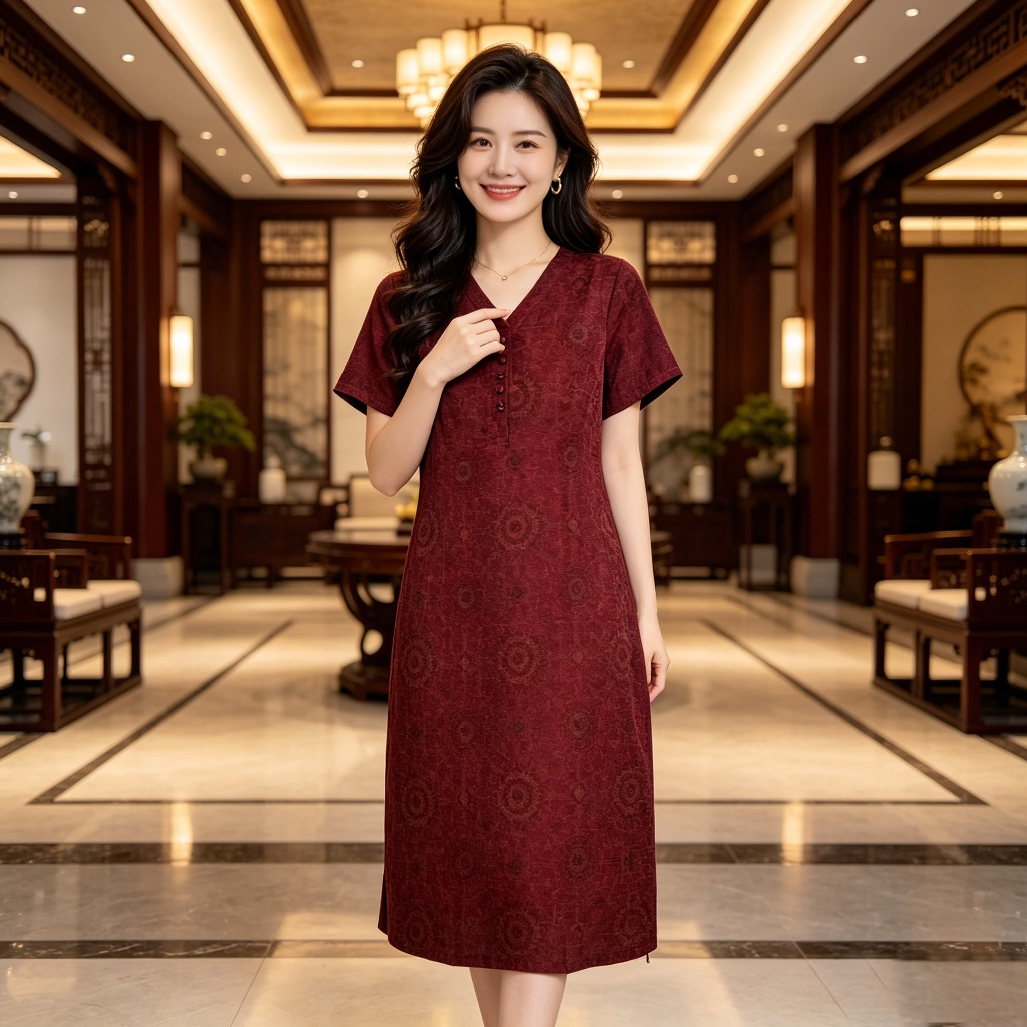 香薇姿真丝香云纱连衣裙女2026新款夏喜妈妈婚宴装喜婆婆订婚裙子