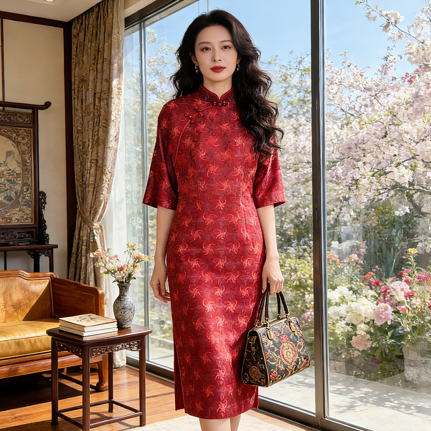 2026春季红色旗袍新中式连衣裙女盘扣修身收腰中长款订婚婚宴礼服 - 香薇姿旗舰店出品