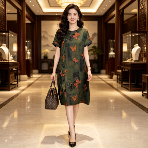 夏季新中式复古桑蚕丝妈妈连衣裙