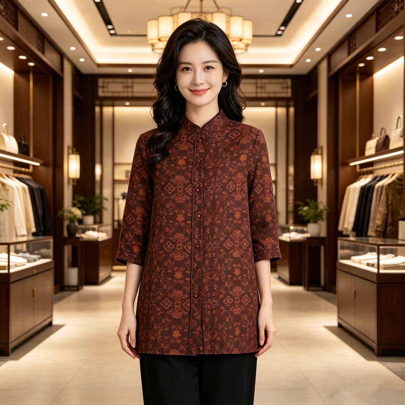 2026年秋季真丝香云纱衬衫女上衣轻奢碎花中老年妈妈装桑蚕丝衬衣