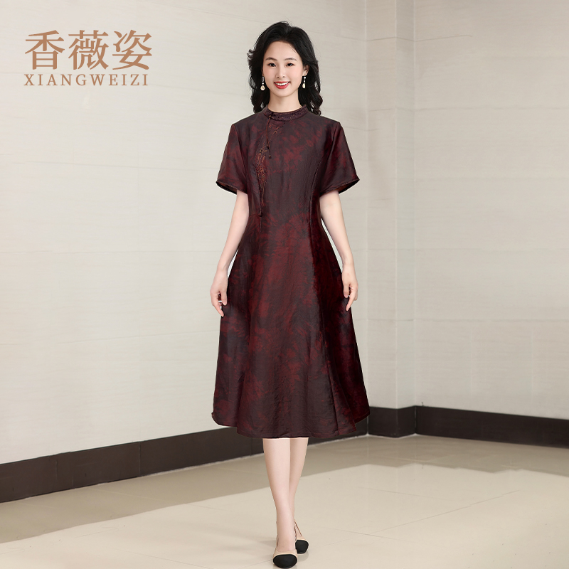桑蚕丝香云纱连衣裙女夏2025新中式微胖重要场合夏季妈妈真丝裙子