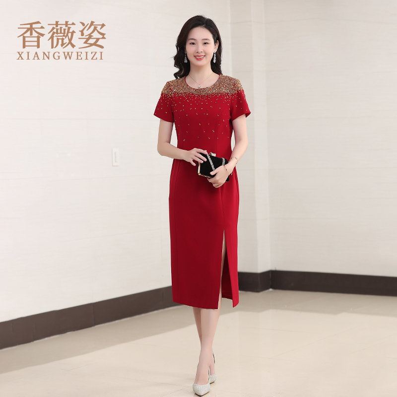香薇姿优雅修身短袖礼服中长款