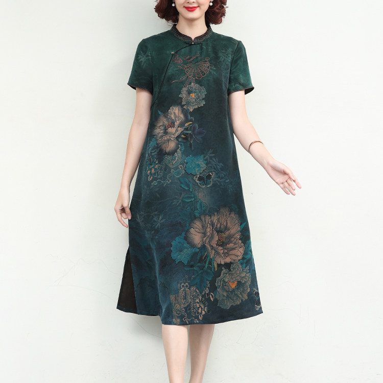 香薇姿复古旗袍裙真丝香云纱印花